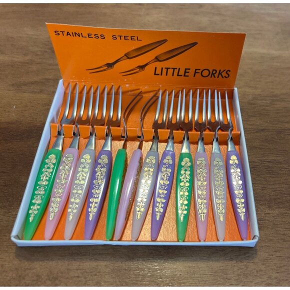 Vintage Little Forks Cocktail Hors D’oeuvre MCM Stainless Steel in Box - Picture 1 of 4